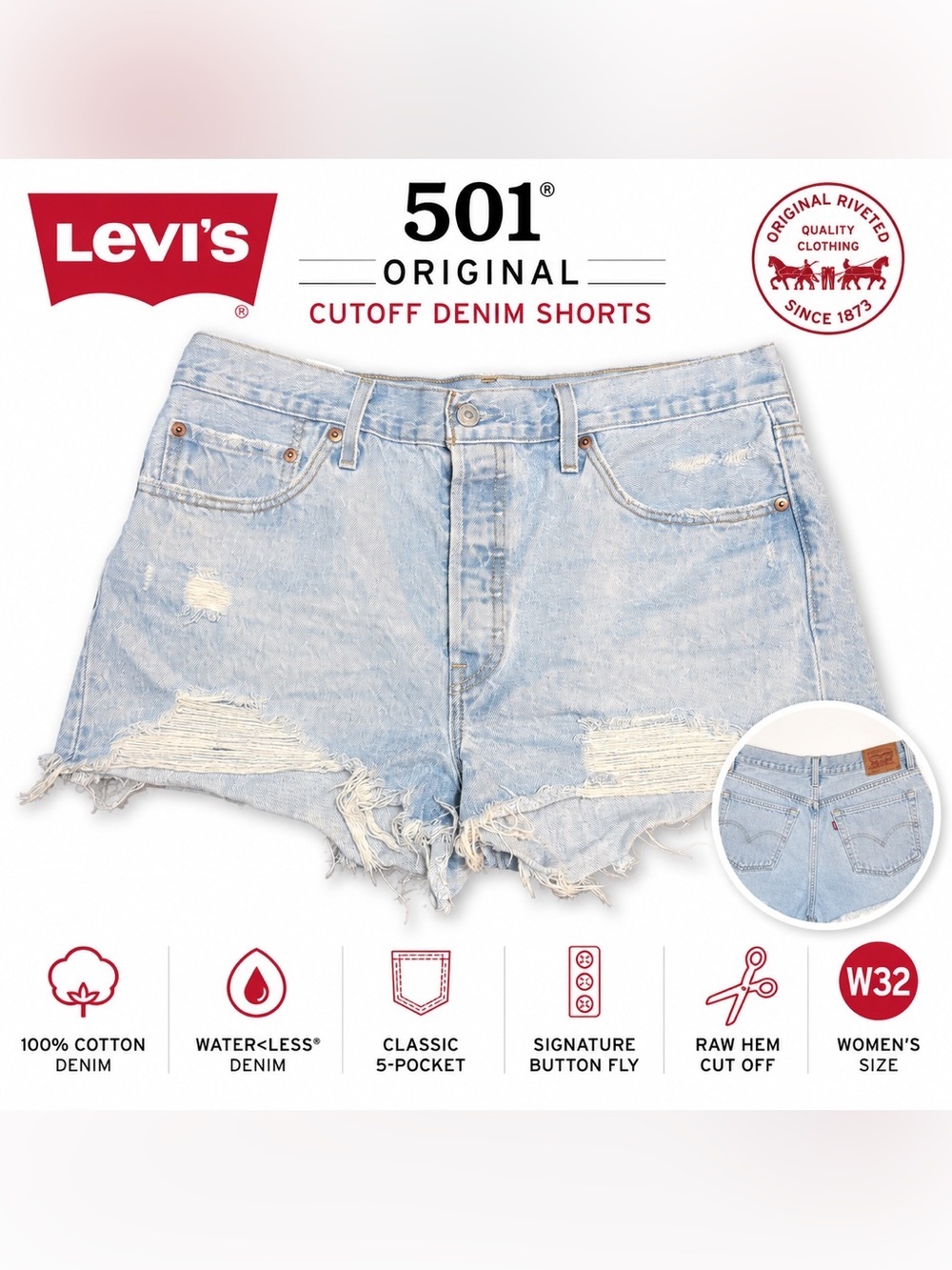 Levi’s 501 Original Distressed Cutoff Denim Shorts Light Wash W32 Festival